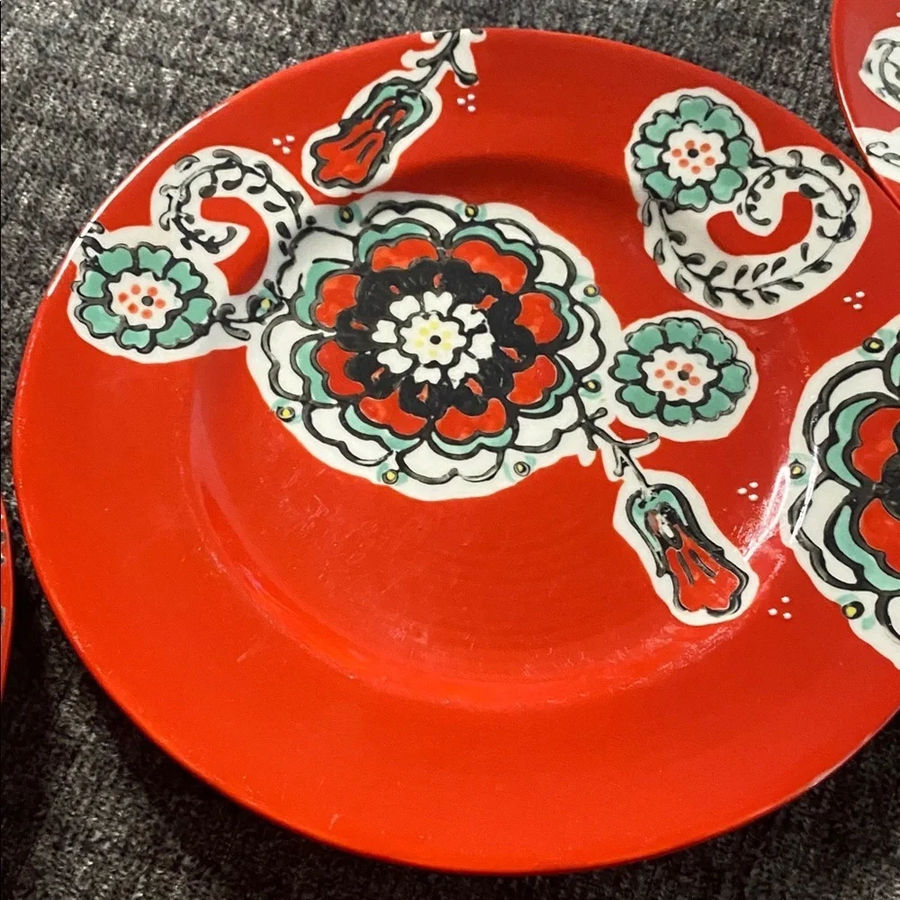 Anthropologie Vibrant Red Decorative Plate with Floral Design. Set of 5.